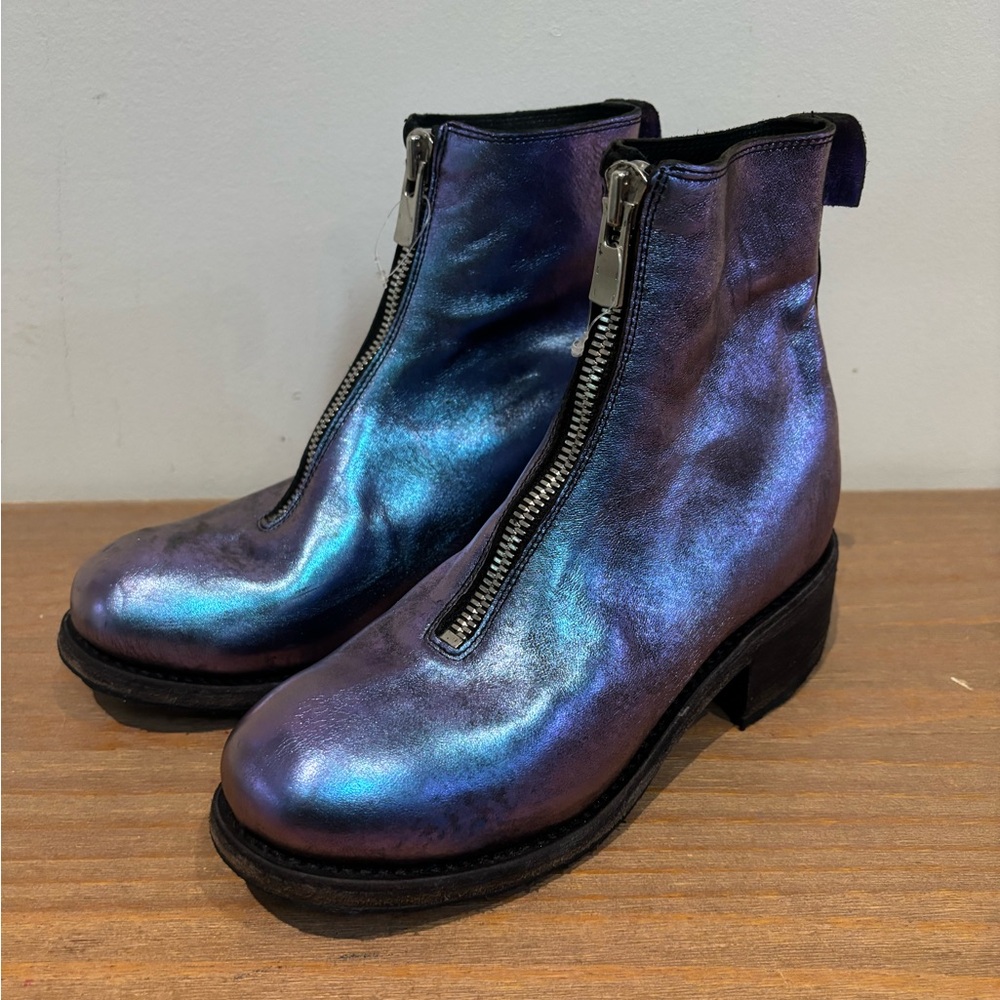 Guidi PL1 NEBULA purple iridescent zip front platform combat moto ankle boots 36